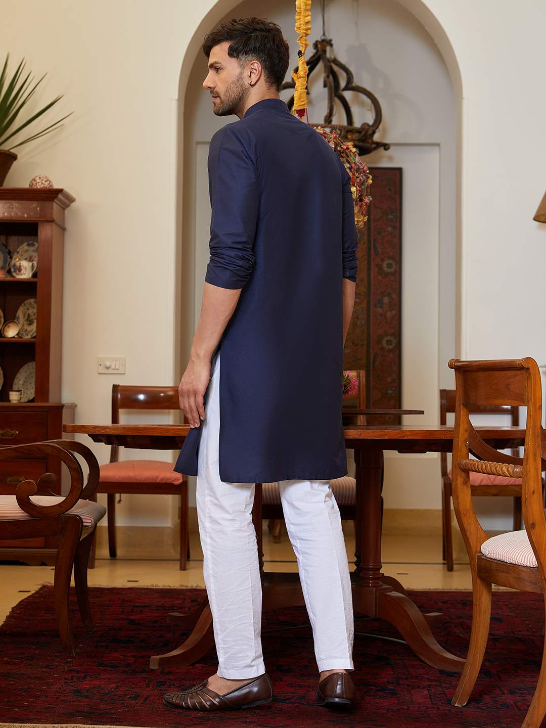 Men Navy Blue Cotton Silk Pintex Yoke Design Kurta With Pajama