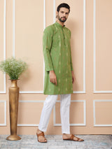 Green Cotton Handloom Motifs Straight Kurta with Pyjama