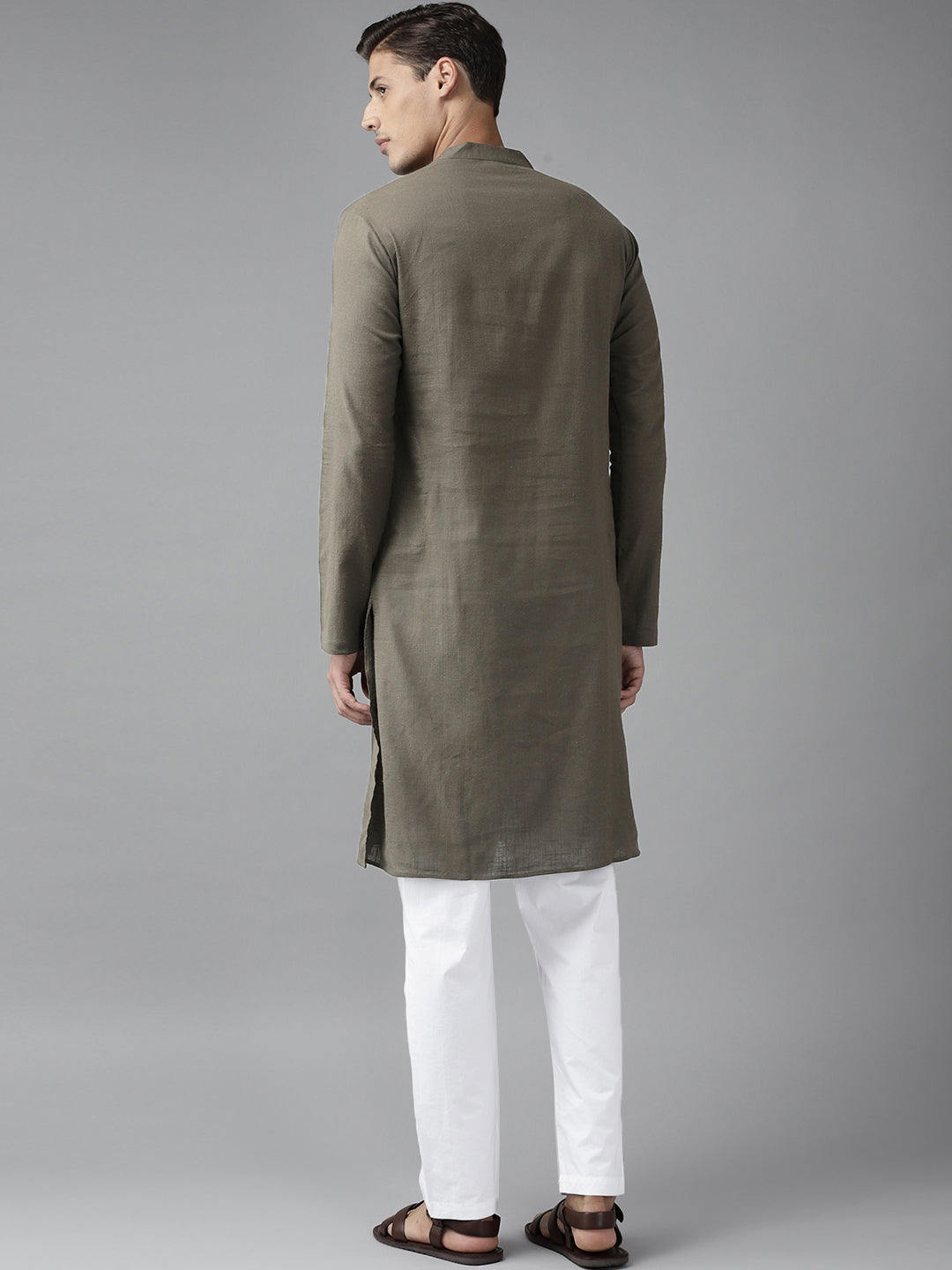 Men Khaki Cotton Straight Kurta with Slub Effect