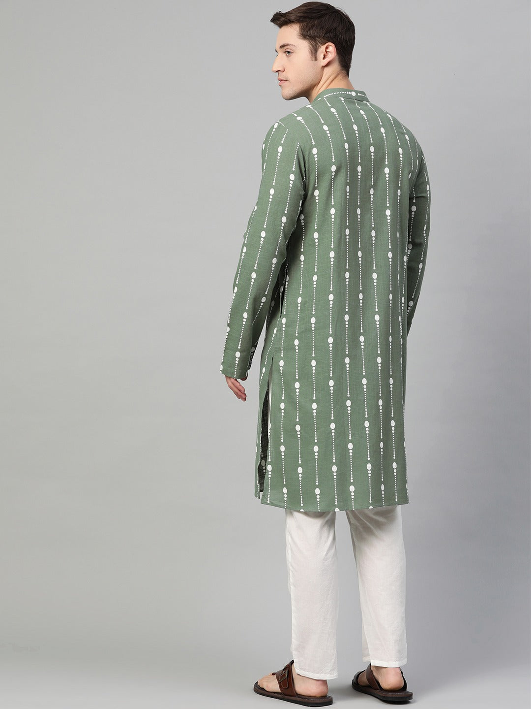 Riwaat.com Men Green & White Printed Straight Kurta Riwaat Bundi Mehendi Printed