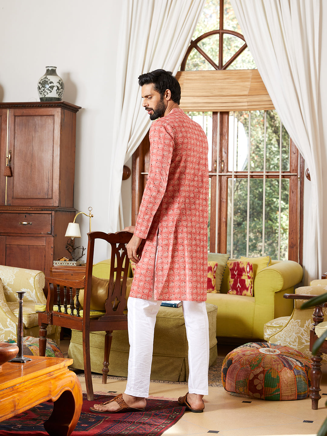 Men Pink And White Cotton Leaf Print Straight Kurta