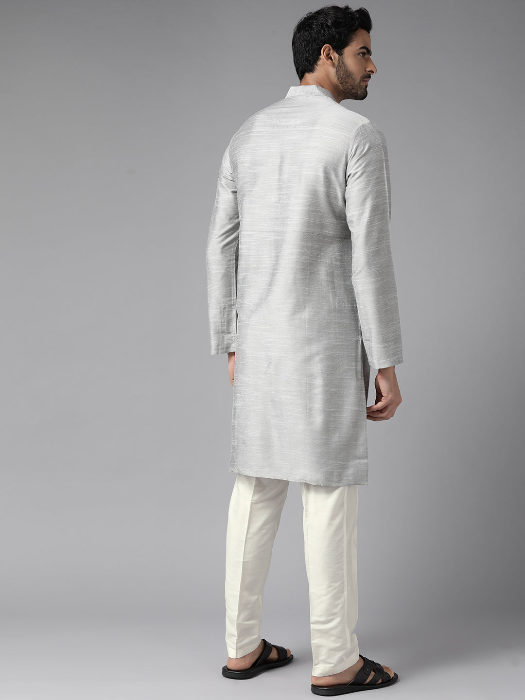 Men Grey Cotton Silk Straight Kurta