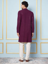 Men Megenta Embroidered Sequined Rayon Kurta & Cream Pajama