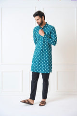 Men Teal Blue Regular Pure Cotton Pathani Kurta With Black Pyjama