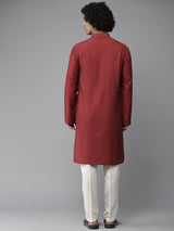 Men Red Cotton Silk Straight Kurta