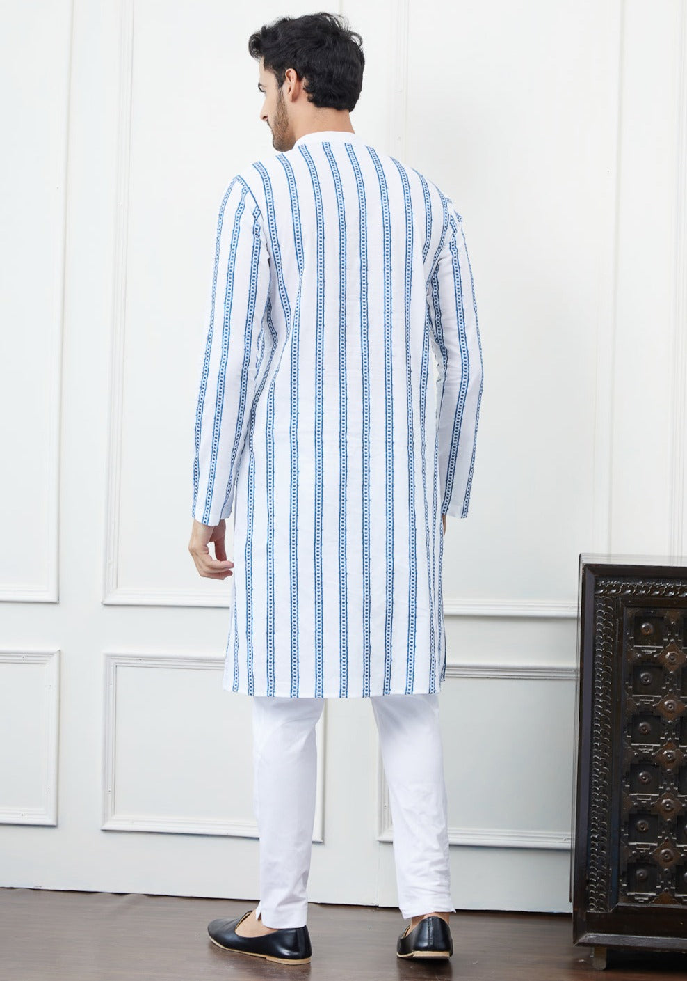 Men White And Blue Sequence Chikankari Embroidered Cotton Kurta