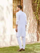 Men White Cotton Pintex Design Thread Work Kurta With Pajama