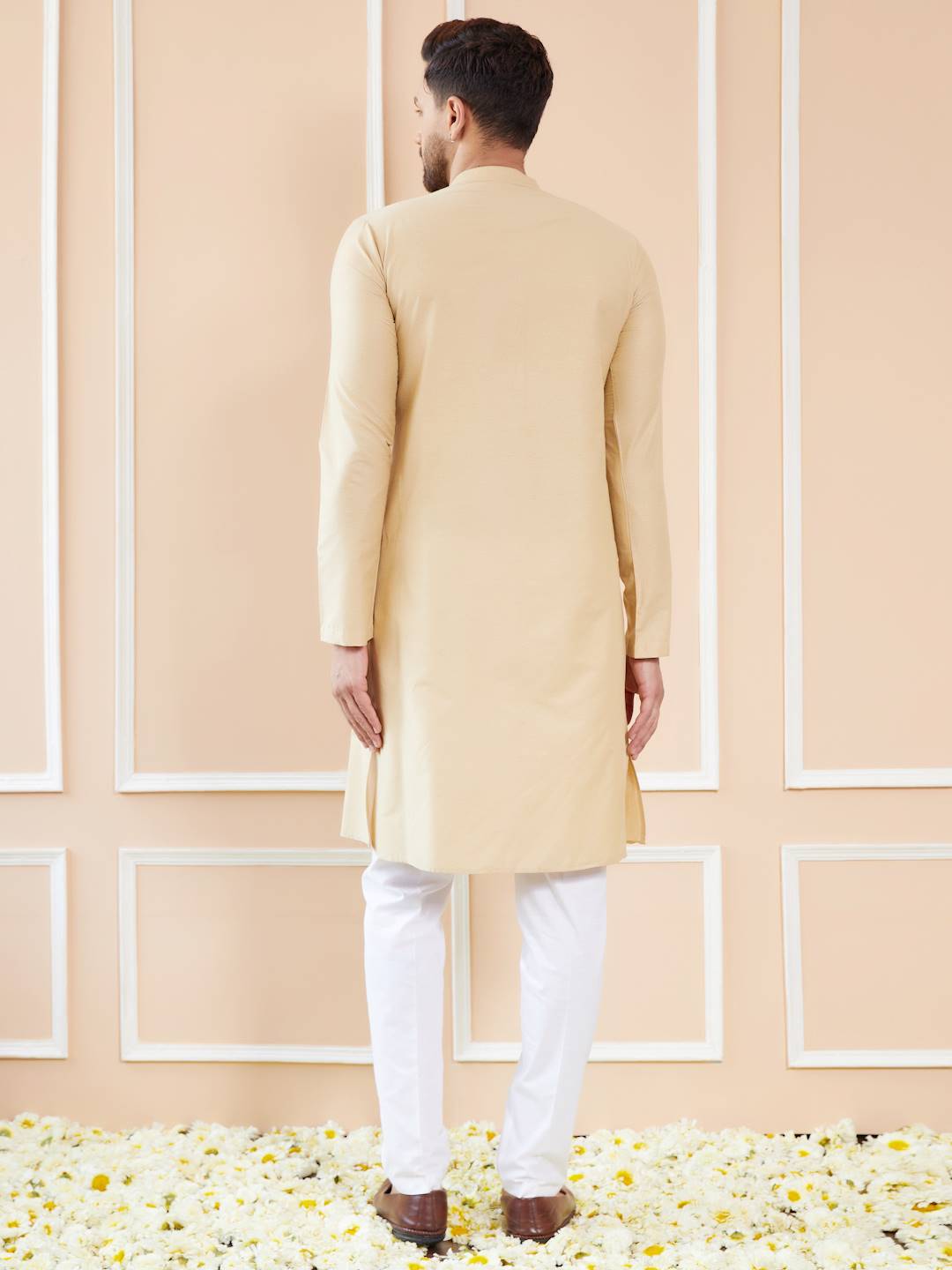 Men Golden Beige Cotton Solid Straight Kurta With Pajama