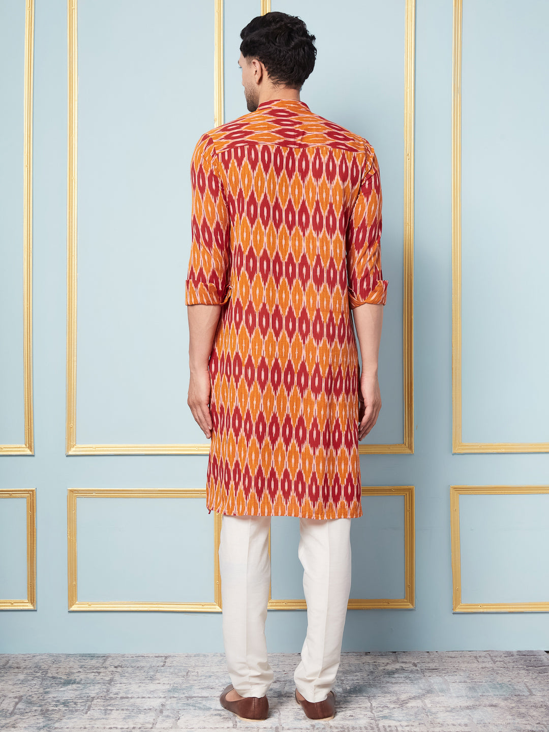 Men Mustard And Orange Ikat Printed Kurta