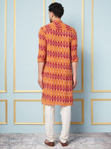 Men Mustard And Orange Ikat Printed Kurta
