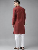 Men Maroon Cotton Straight Kurta with Slub Effect