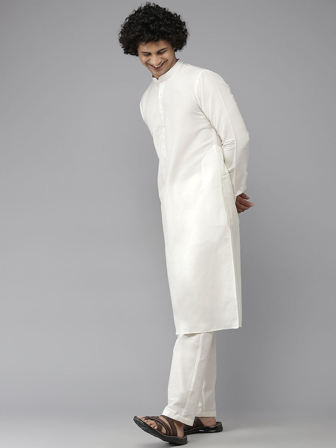 Men Aqua Blue & White Solid Kurta Pajama With Nehru Jacket