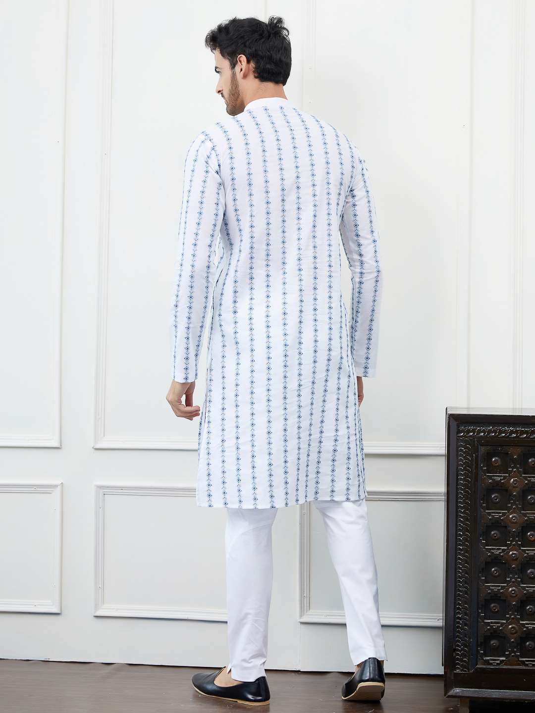 Men White with Vertical Blue Floral Stripes Chikankari Embroidered Cotton Kurta Set