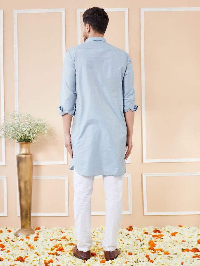 Men Blue Cotton Solid Pathani Kurta