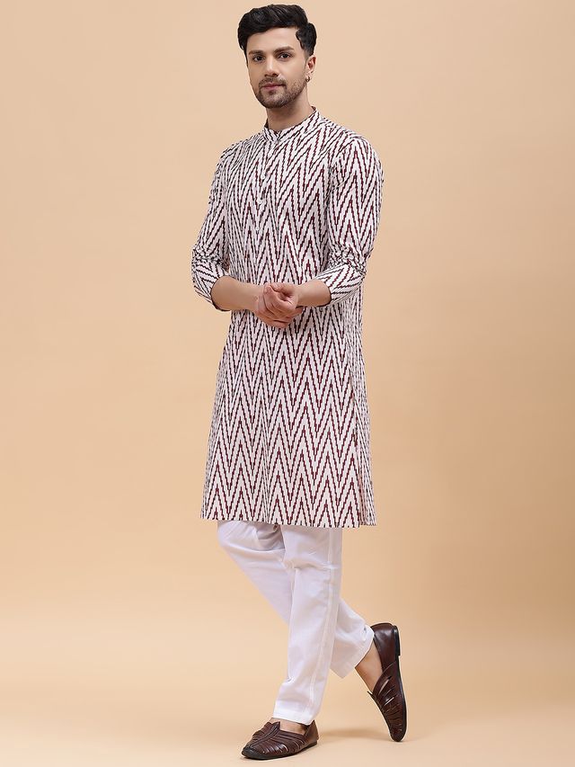 Men Off White & Maroon Pure Cotton Printed Straight Kurta With pyjama