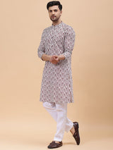 Men Off White & Maroon Pure Cotton Printed Straight Kurta With pyjama