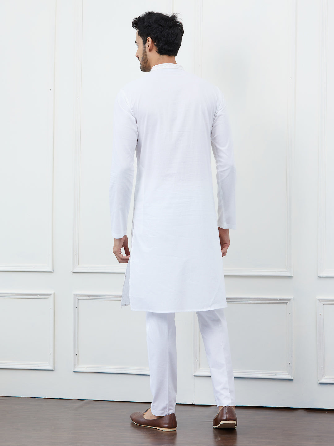 Men White Cotton Gold Thread Work & Sequence Kurta