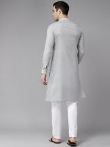 Men Grey Zari Work Silk Woven Design Straight Kurta With Pajama