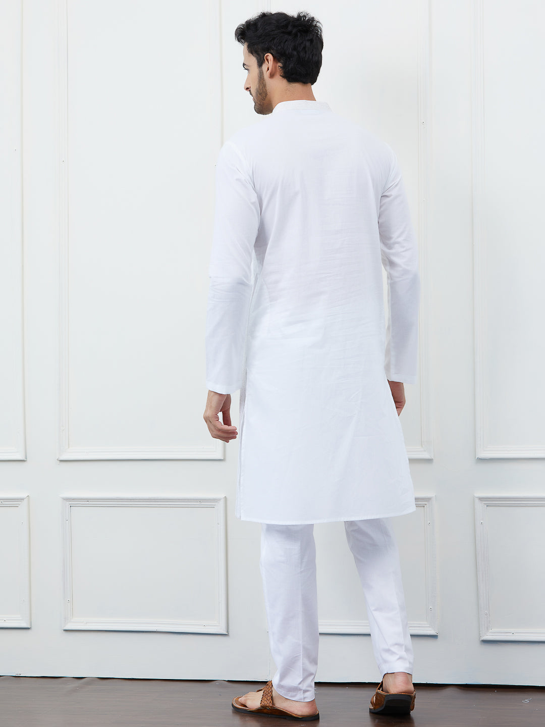 Men White Cotton Silver Thread Work & Sequence Kurta