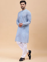 Men Sky Blue & White Pure Cotton Embroidered Straight Kurta With pyjama