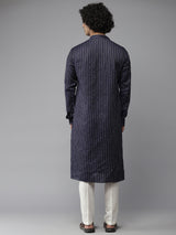 Men Deep Navy Blue with Golden Stripes Woven Design Kurta With Pajama