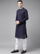 Men Blue Pure Cotton Kurta Pajama With Printed Nehru jacket