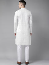 Riwaat.com Men White Pure Cotton Chikankari Embroidered Straight Kurta With Pajama Riwaat Chikankari Embroidered