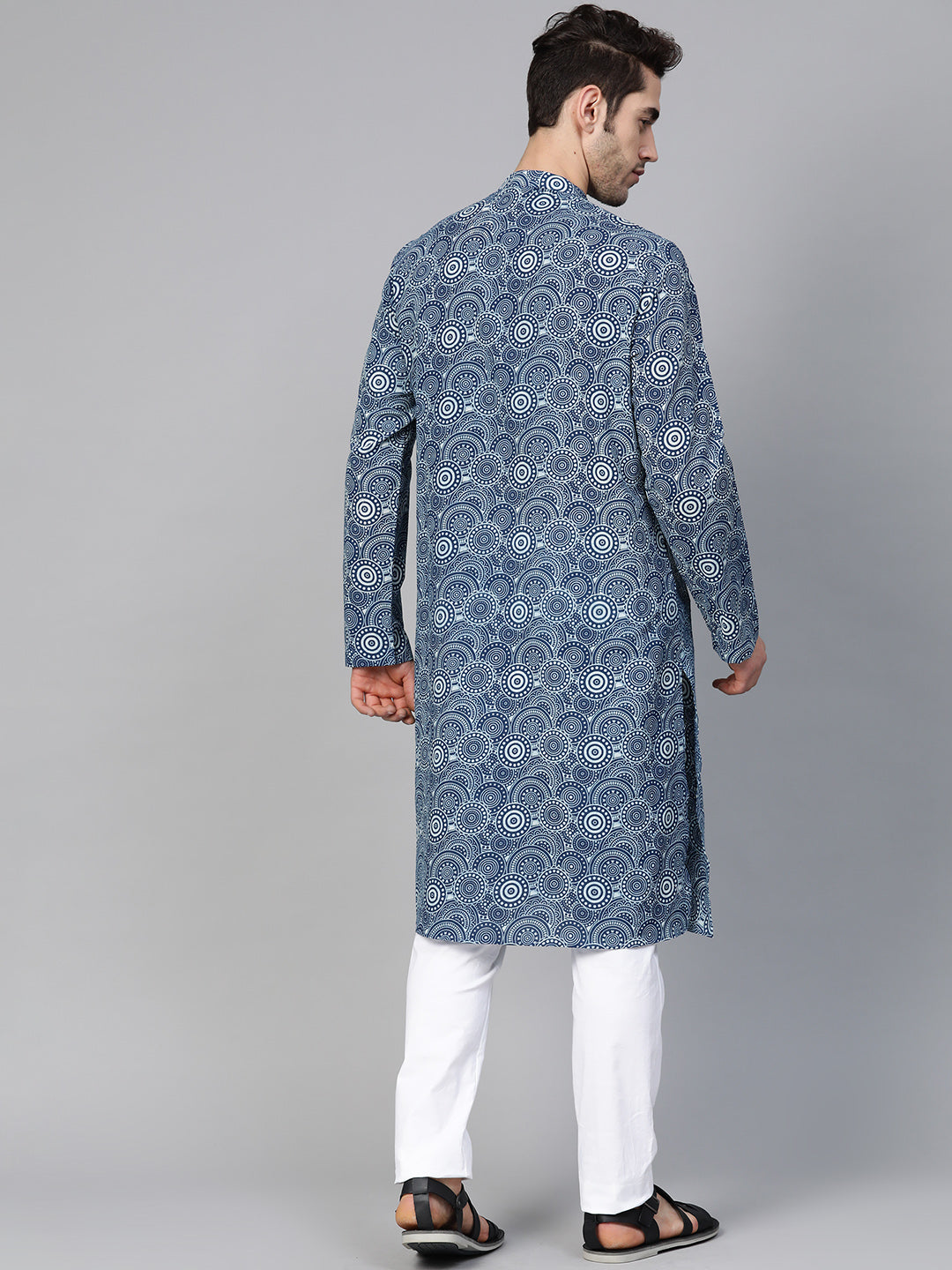 Riwaat.com Men Blue Indigo Hand Block Print Straight Sustainable Kurta Riwaat Printed