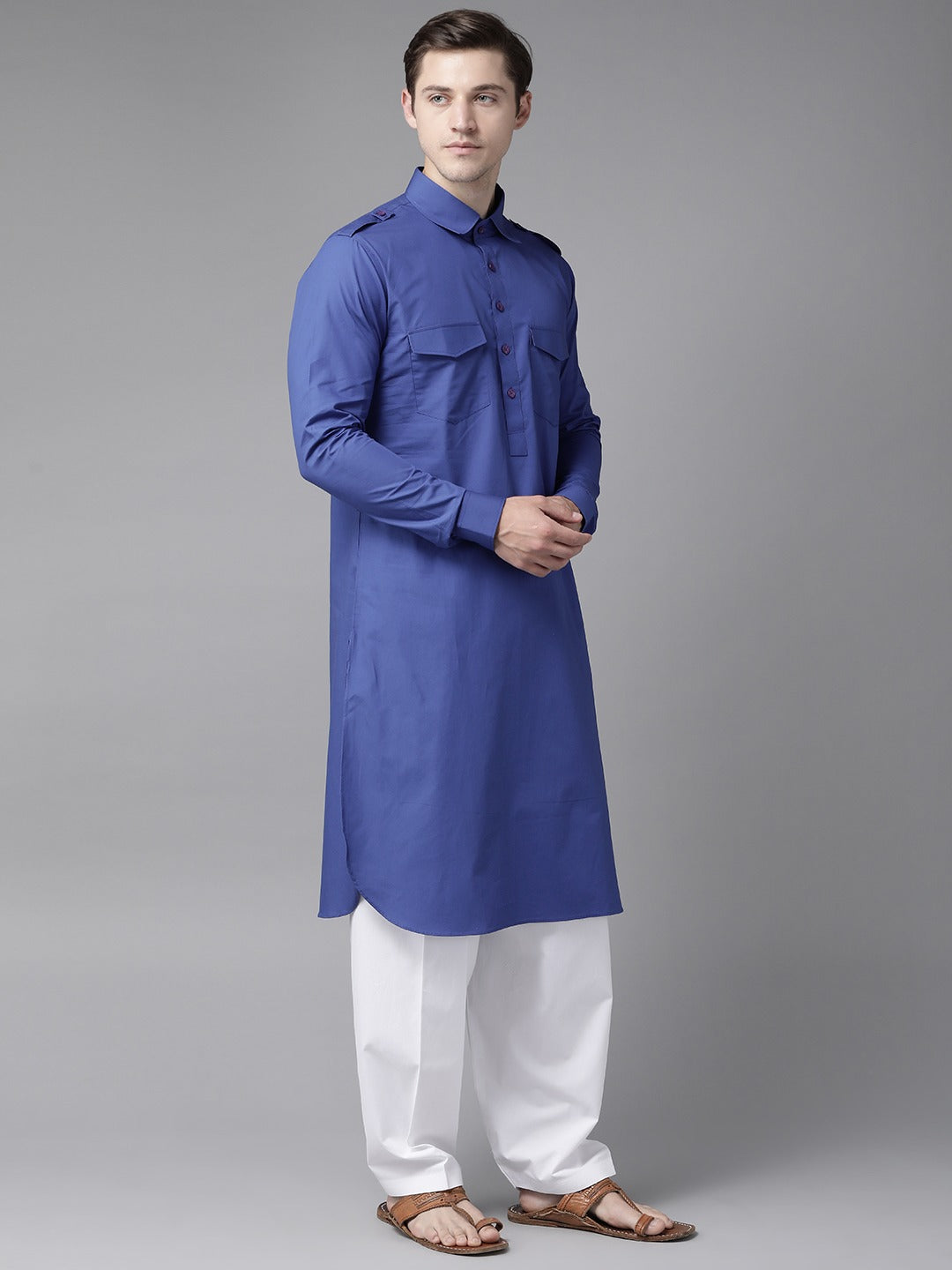 Riwaat.com Men Royal Blue Pathani Kurta with Salwar Riwaat Pathani Plain