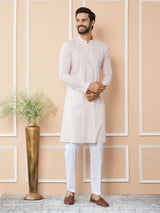 Light Pink Thread & Sequins Work Pure Cotton Straight Kurta