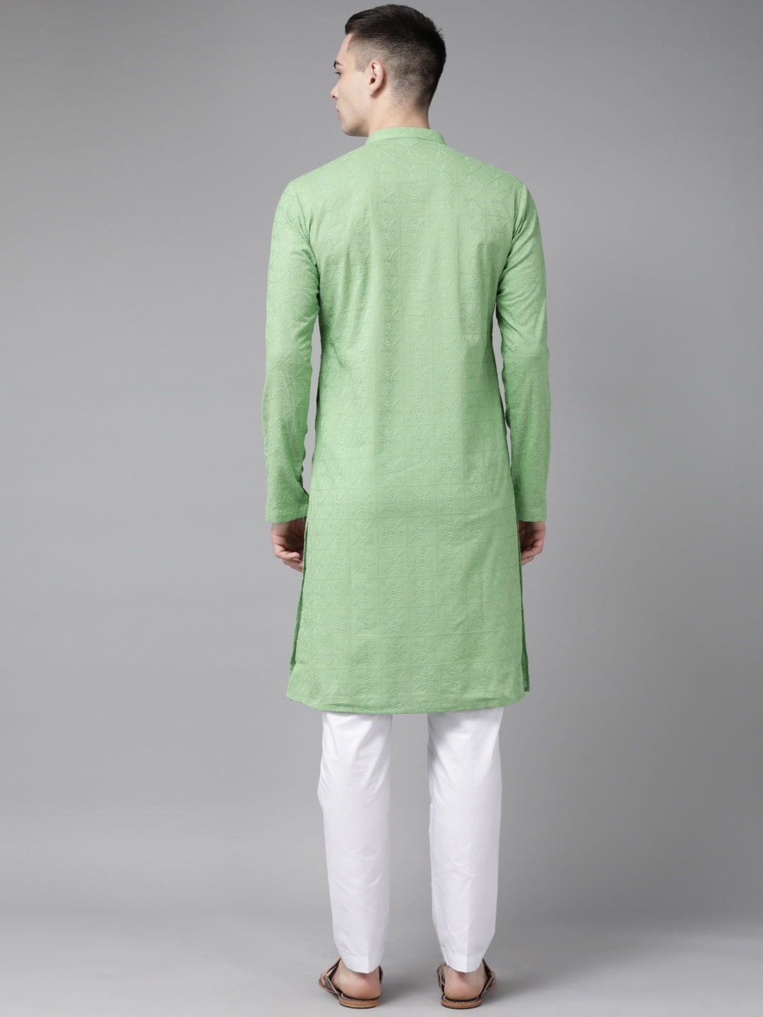 Riwaat.com Men Green Pure Cotton Chikankari Embroidered Straight Kurta With Pajama Riwaat Chikankari Cotton Embroidered Mehendi