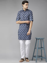 Men Indigo Regular Pure Cotton Pathani Printed Men's Kurta