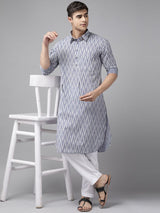 Men Light Grey Regular Pure Cotton Pathani Printed Men's Kurta