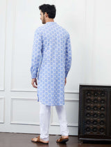 Men Light Blue with Circular Pattern Embroidered Cotton Kurta Set