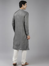 Men Grey & Beige Toned Woven Design Thread Work Kurta