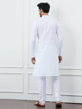 Men White Kurta with Navy Blue Stripes and Pajama