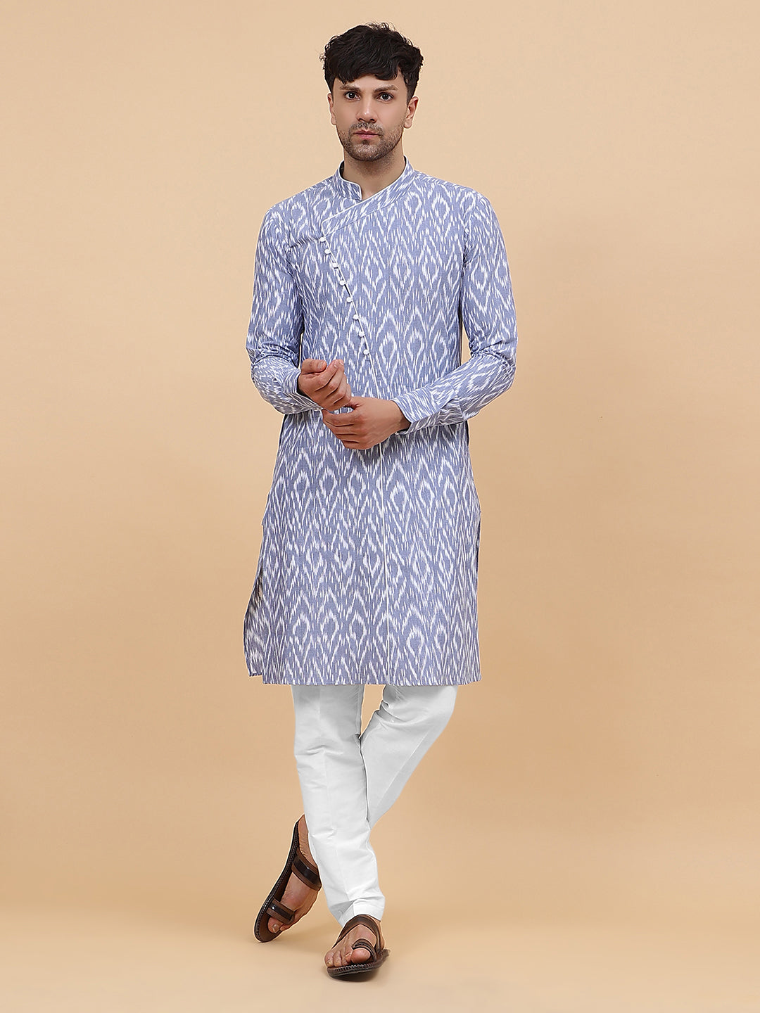 Men Grey and White Printed Kurta With pyjama