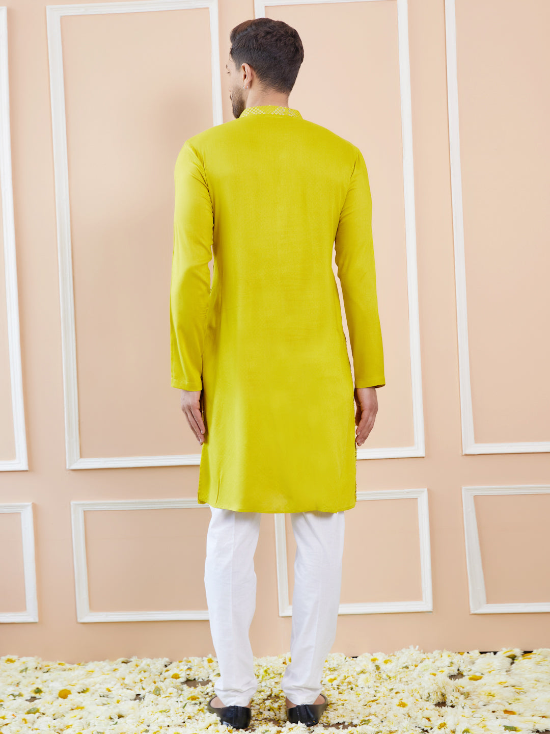 Men Lime Green And Gold Rayon Embroidery Sequins Kurta