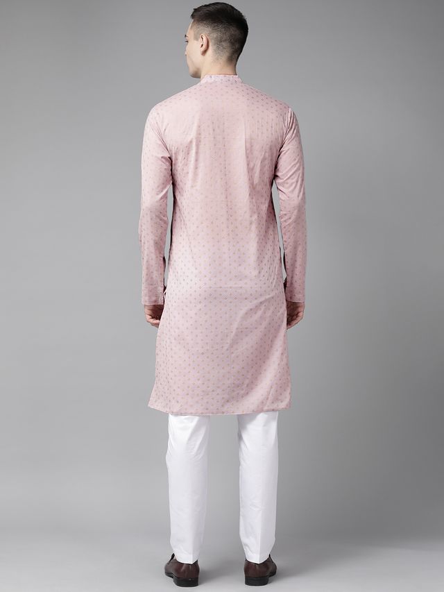 Men Pink & Gold Printed Straight Kurta With Pyjama