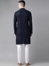 Men Navy Blue Floral Embroidered Sequined Rayon Kurta