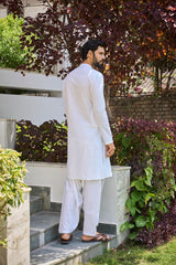Men White Chikankari Embroidered Straight Kurta With White Salwar
