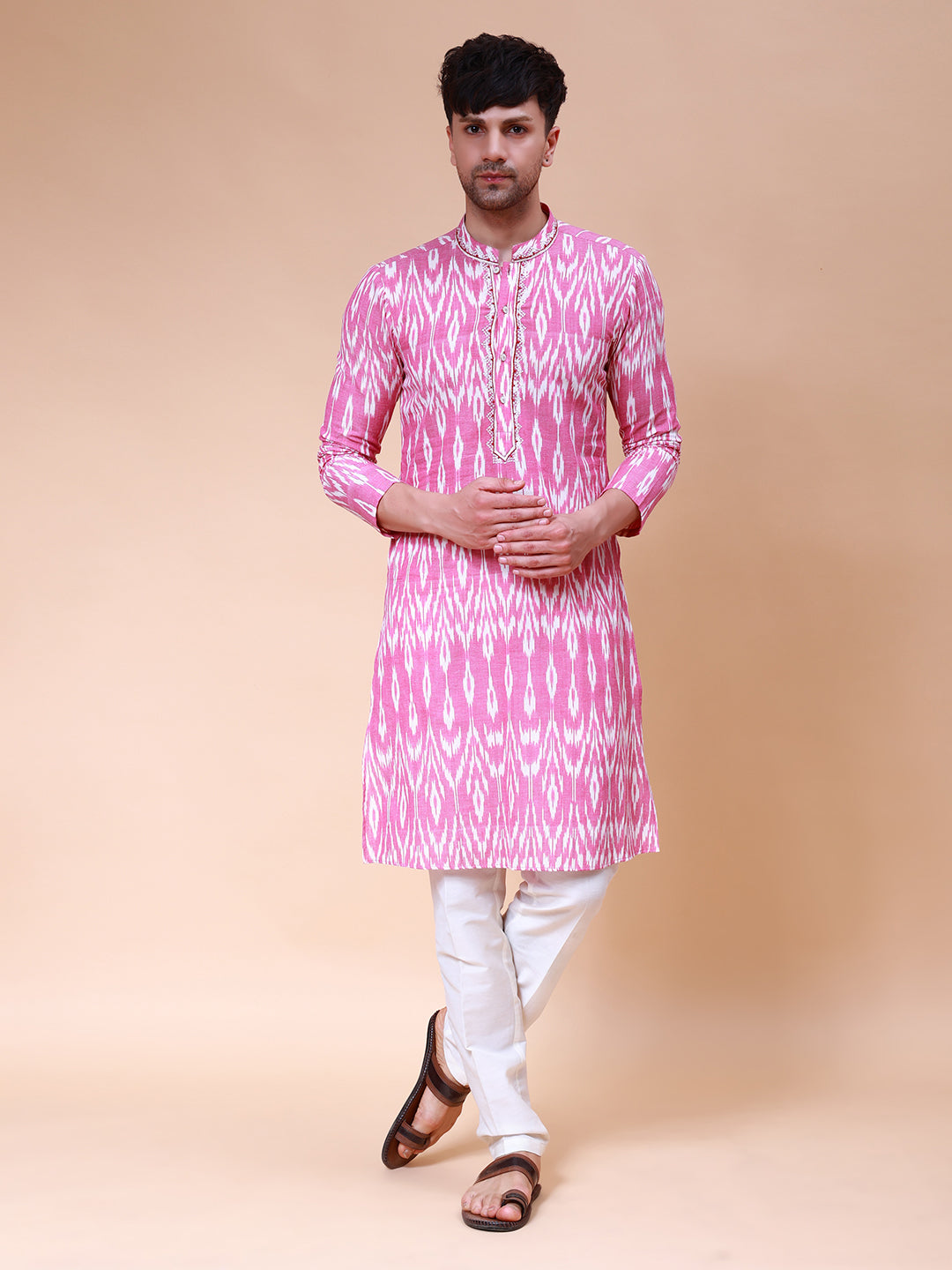 Riwaat.com Men Pink & White Embroidery Cotton Kurta Riwaat Embroidered