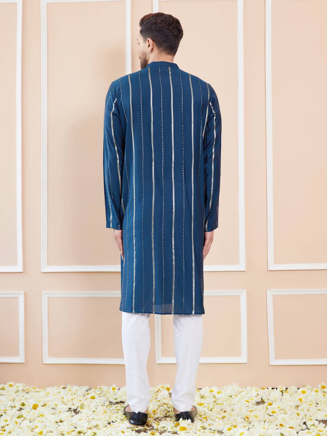 Men Deep Midnight Blue with Gold Stripes Chanderi Silk Sequins Kurta With Pajama