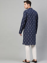 Riwaat.com Men Navy Blue & White Printed Straight Kurta With Pajama Riwaat Printed