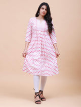 Women Soft Pink and White Floral Yoke Design Embroidery Cotton Kurti