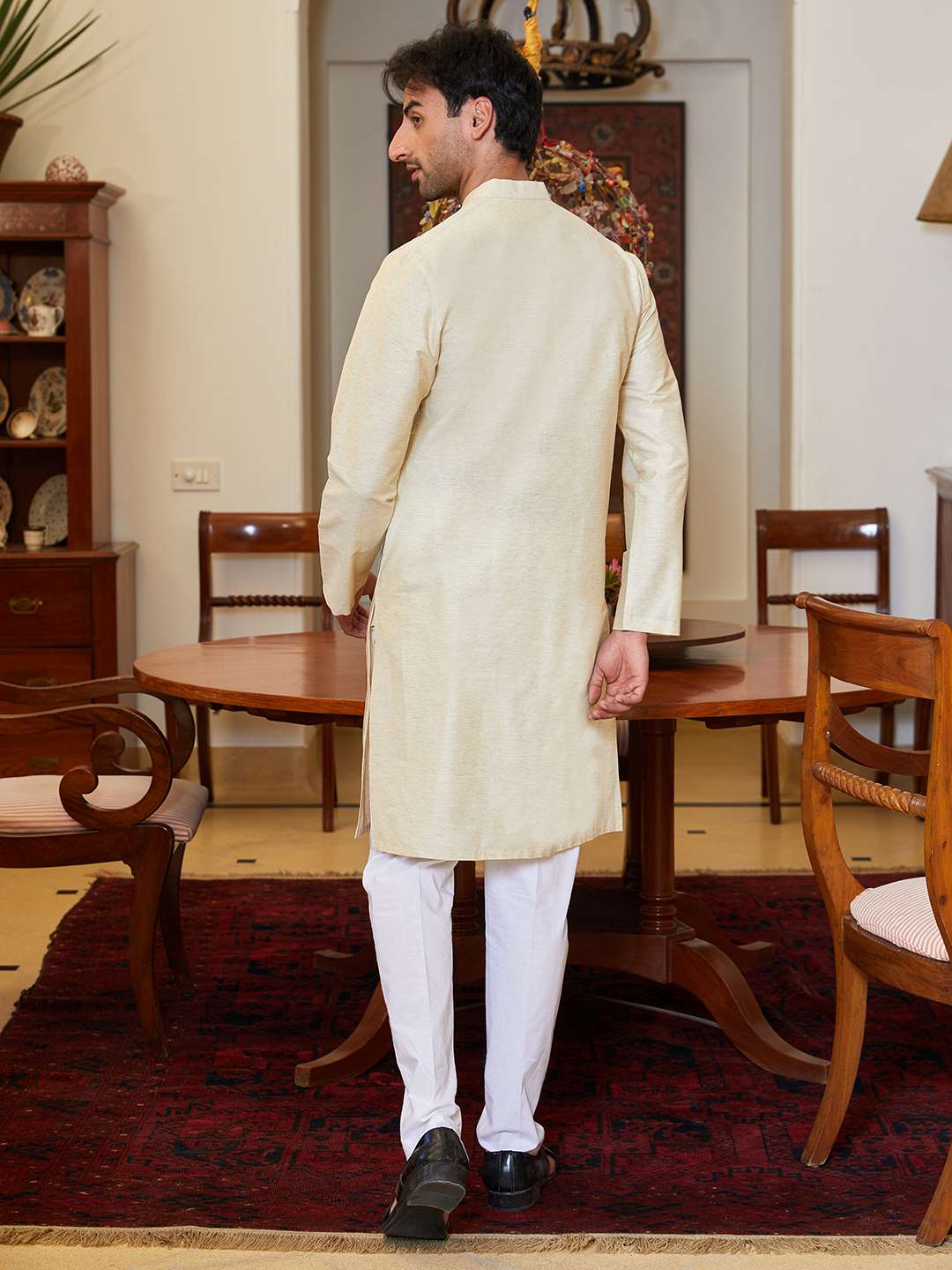 Men Beige Cotton Silk Pintex Design Thread Work Kurta With Pajama