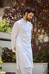 Men White Chikankari Embroidered Straight Kurta