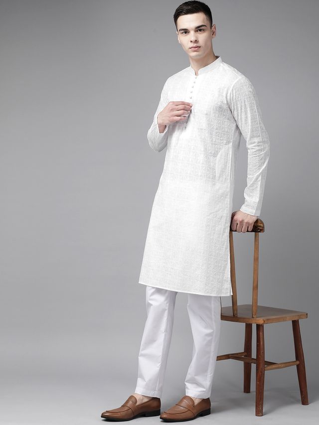 Men White Pure Cotton Chikankari Embroidered Straight Kurta With Pyjama
