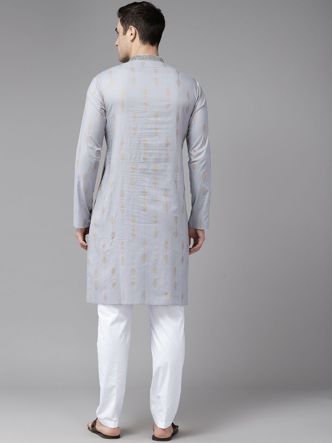 Men Grey & Gold Pure Cotton Embroidered Straight Kurta With Pajama