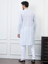 Men White with Blue Linear Pattern Chikankari Embroidered Cotton Kurta Set